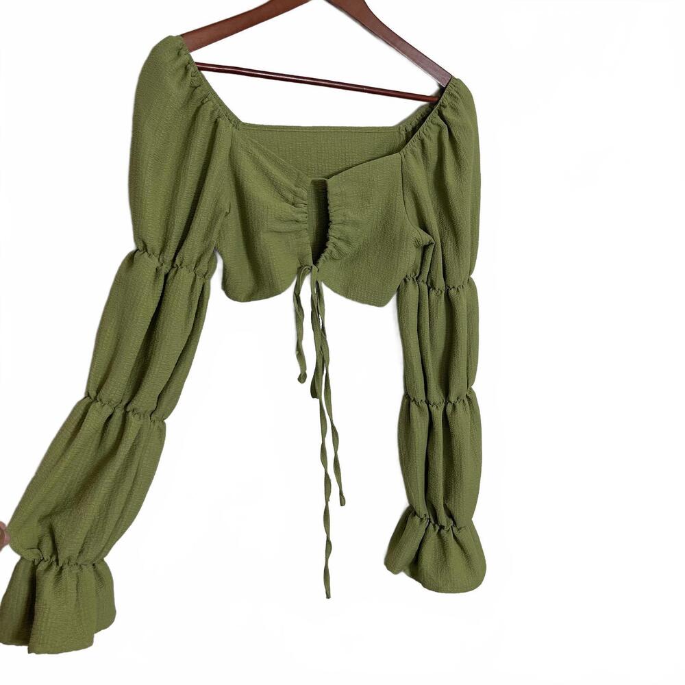 Tie Front Key Hole Long Balloon Sleeve Crop Top | Fairy Cottagecore Western Boho - Picture 3 of 6